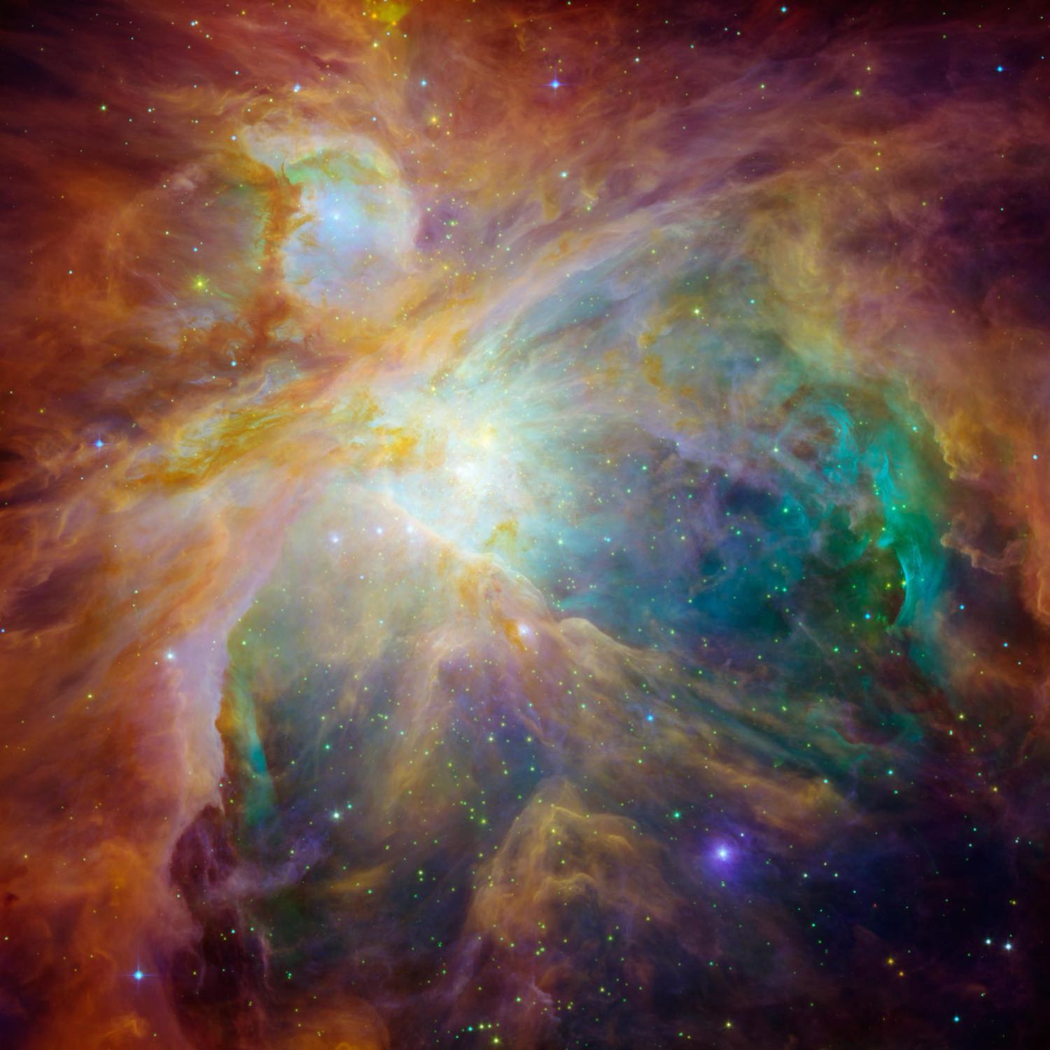The Orion Nebula, swirling clouds of orange, teal and gold lit from within